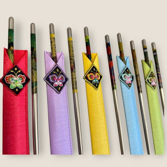 Korean Stainless Chopstick Set of 5 Pairs Painted With Embroidered Holder New - Picture 4 of 8